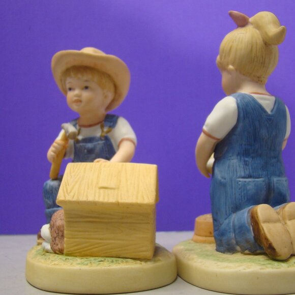 Pair of HOMCO Denim Days Figurine Set #1503 Puppy Love 1985 Home Interiors - Picture 4 of 16